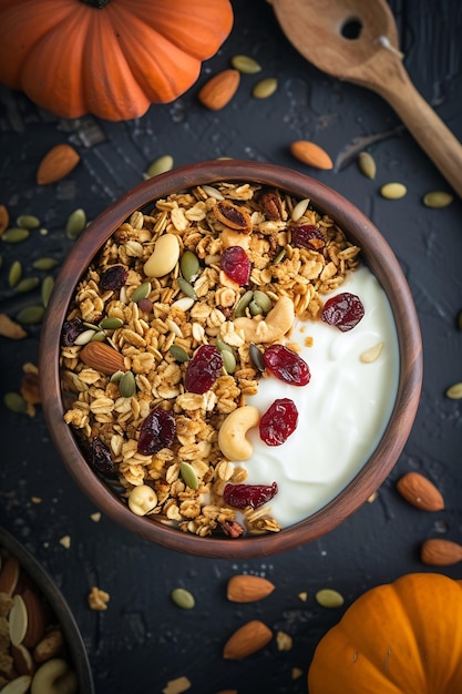Homemade granola with greek yogurt or milk and cashews almonds pumpkin with dried Generative AI