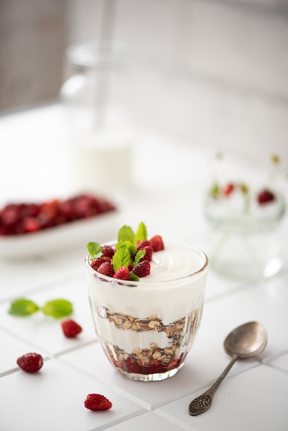 Homemade granola with greek yogurt and wild strawberries