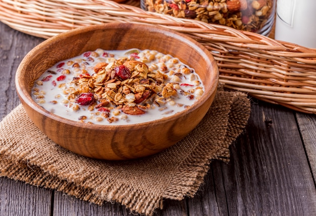 Homemade granola with milk, berries, seeds and nuts