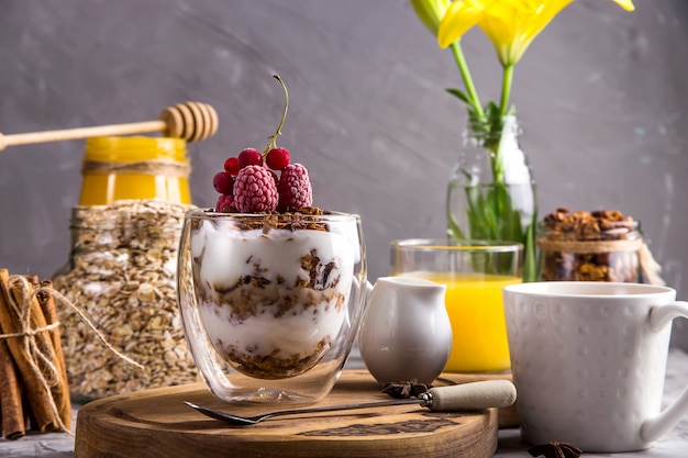 Homemade granola with nuts and dried fruit and chocolate for breakfast