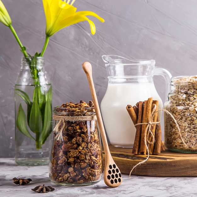 Homemade granola with nuts and dried fruit and chocolate for breakfast