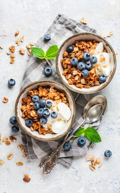 Homemade granola with ripe blueberries top down view