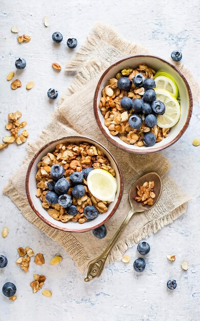 Homemade granola with ripe blueberries top down view