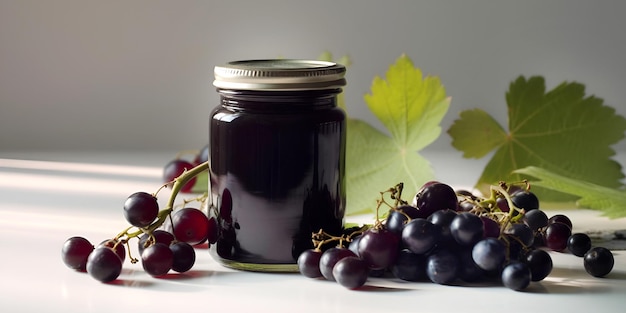 Домашний виноградный консерв или варенье в стеклянной банки, окруженной свежими ягодами