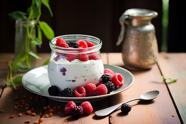 Homemade Greek yogurt with berries on wooden background