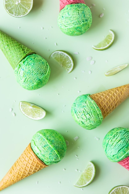 Homemade green ice cream with lime and mint in green waffle cone Summer dessert Top view