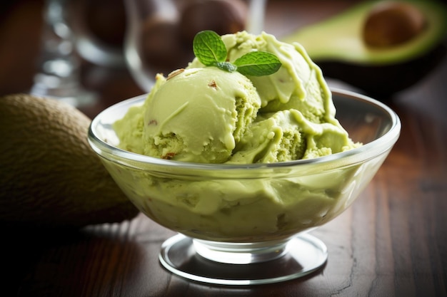 Домашнее зеленое органическое мороженое из авокадо крупным планом