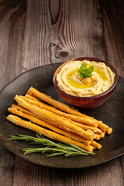 Homemade Grissini with Chickpea Hummus