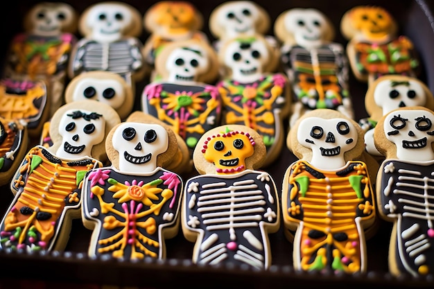 Homemade grotesque skull and skeleton sugar cookie during a mexican folk celebration