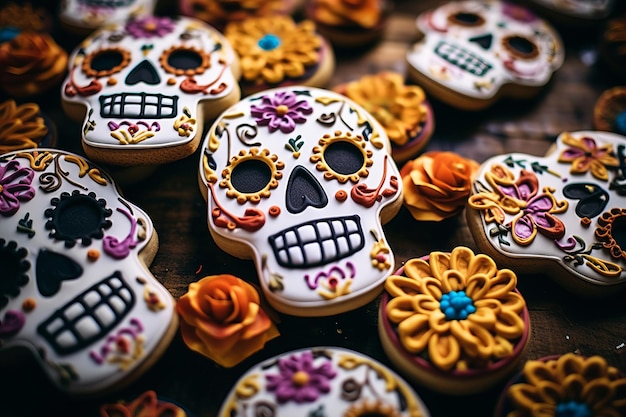 Homemade grotesque skull and skeleton sugar cookie during a Mexican folk celebration