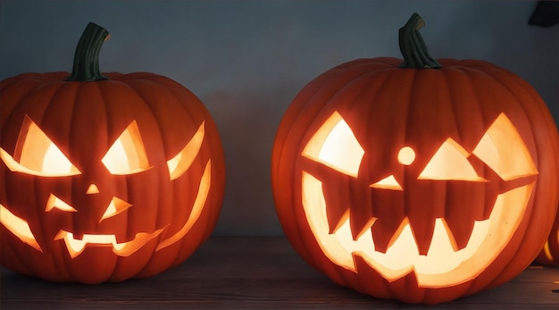 Homemade halloween pumpkins with angry carved faces and light behind by Generative AI