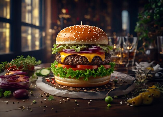 Photo homemade hamburger with beef tomato lettuce cheese and onions on a wooden table in a fast food restaurant