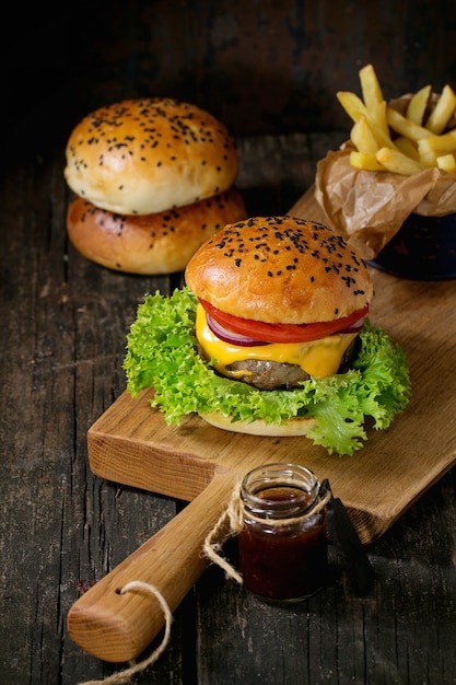 Homemade hamburger with french fries