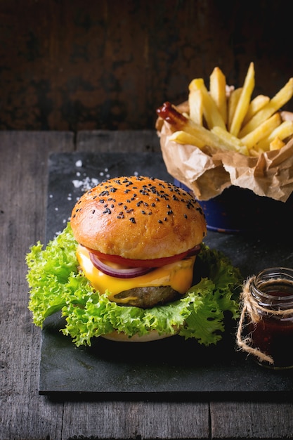 Homemade hamburger with french fries