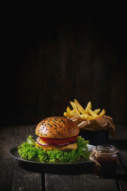 Homemade hamburger with french fries