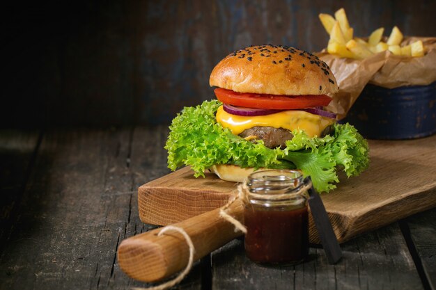 Homemade hamburger with french fries