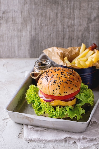 Homemade hamburger with french fries