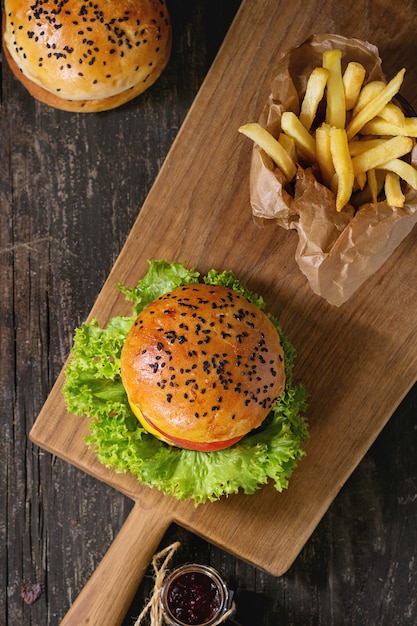 Homemade hamburger with french fries