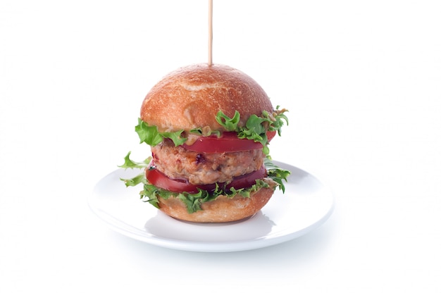 Homemade hamburger with fresh vegetables. Closeup