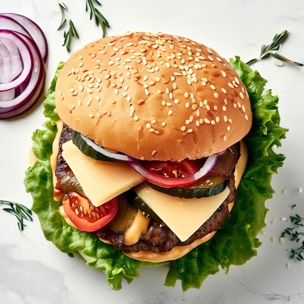 白い石の背景に新鮮な野菜、肉、チーズの上面図を添えた自家製ハンバーガー