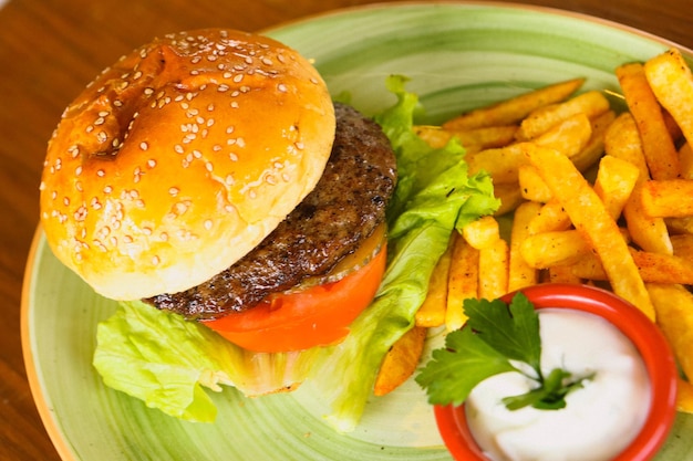 Homemade hamburger with fresh vegetables