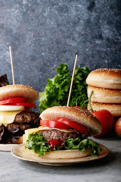 Homemade hamburger with fresh vegetables