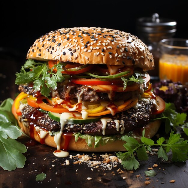 Homemade hamburger with fresh vegetables