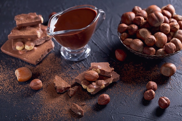 Homemade hazelnut spread or hot chocolate in glass bowl