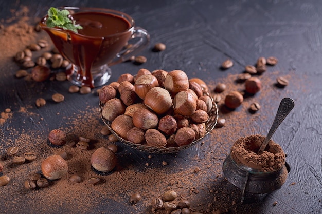 Homemade hazelnut spread or hot chocolate in glass bowl