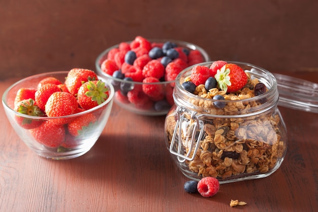 Homemade healthy granola in glass jar and berries