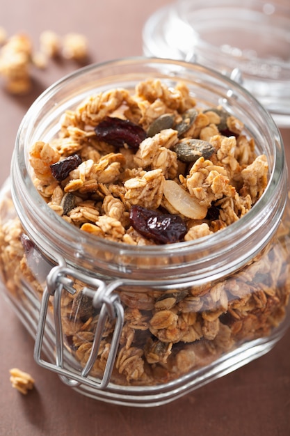 Homemade healthy granola in glass jar