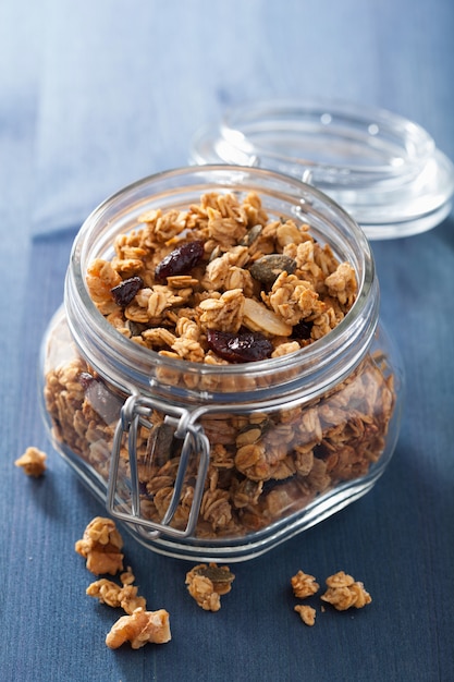 Homemade healthy granola in glass jar