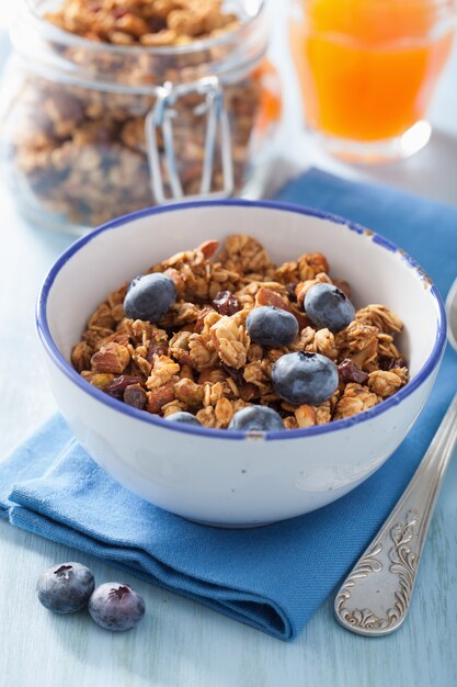 Homemade healthy granola with blueberry for breakfast