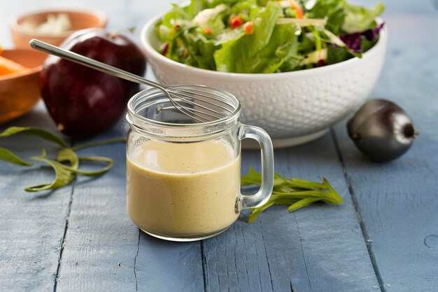 Photo homemade healthy salad dressing in a small jar with a wisk