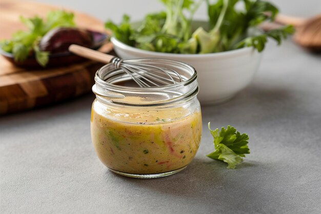 Homemade healthy salad dressing in a small jar with a wisk