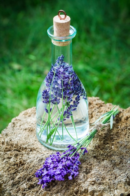 Homemade healthy tincture of lavender in summer garden