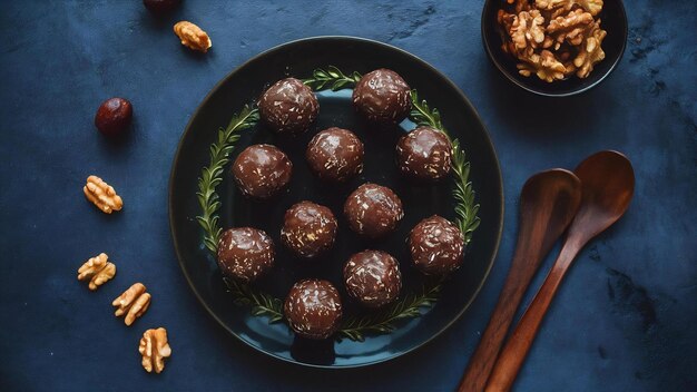 Homemade healthy vegan raw energy truffle balls with dates and walnuts