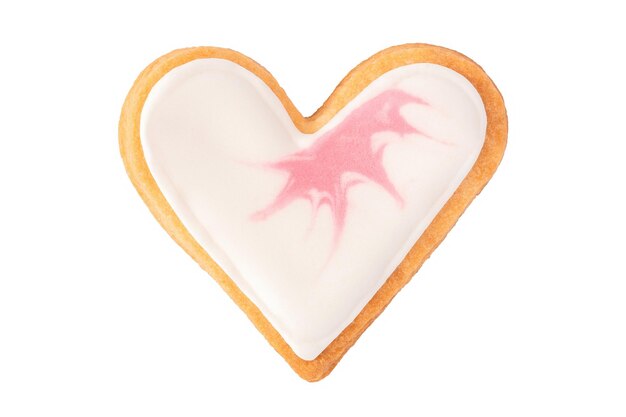 Photo homemade heart cookie decorated with pink and white icing, flat lay. lovely sweet present for romantic holiday.