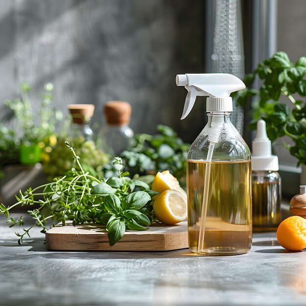 Photo homemade herbal cleaning solution with citrus