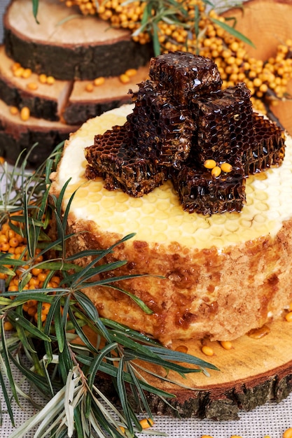 Homemade honey cakes with honeycomb and sea buckthorn