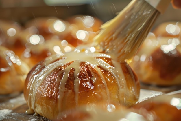 Homemade hot cross buns being brushed with a sugar wash