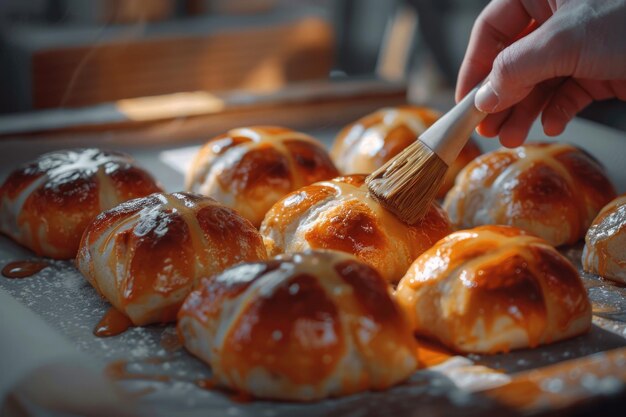 Homemade hot cross buns being brushed with a sugar wash