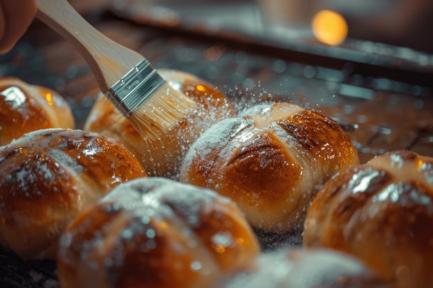 Photo homemade hot cross buns being brushed with a sugar wash