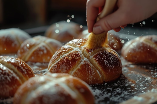 Photo homemade hot cross buns being brushed with a sugar wash