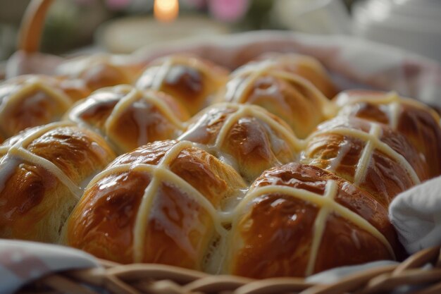 Homemade hot cross buns brushed with a sugar wash