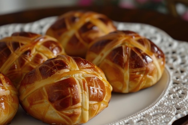 Photo homemade hot cross buns brushed with a sugar wash