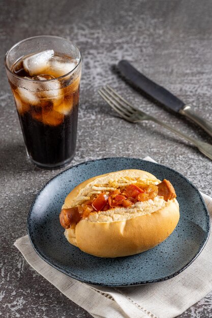 Hot dog fatto in casa con salsa di pomodoro alla griglia e patate di paglia