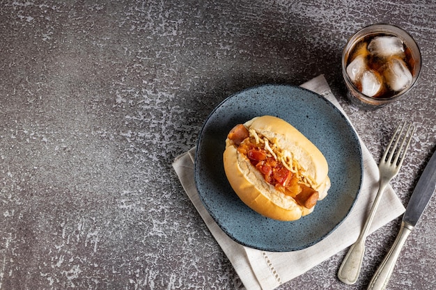 Homemade hot dog with grilled sausage tomato sauce and straw potatoes