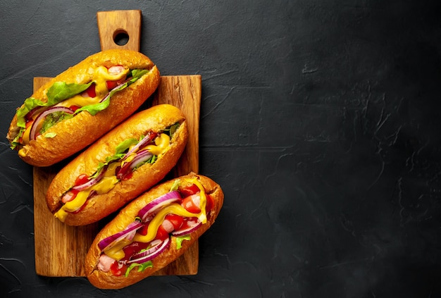 homemade hot dogs on a stone background  with copy space for your test