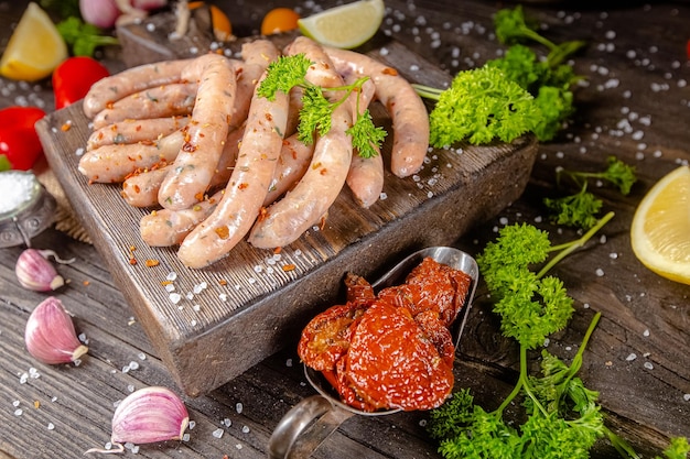 homemade hotdog sausages, raw from red and white fish meat, in a vintage rustic bowl plate, fork